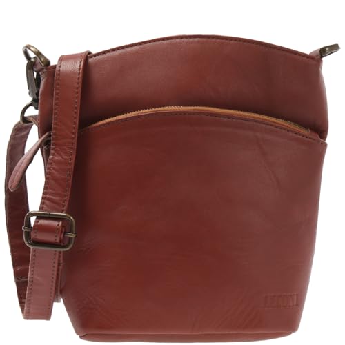 LECONI kleine Umhängetasche Damen Schultertasche Handtasche Freizeittasche Damentasche Ledertasche vintage style Leder 22x25x7cm rot-braun LE3049-Z von LECONI
