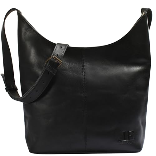 LECONI mittlere Schultertasche Damentasche Umhängetasche natur weiche Ledertasche Handtasche Damen Leder 33x33x9cm schwarz LE0072-buf von LECONI