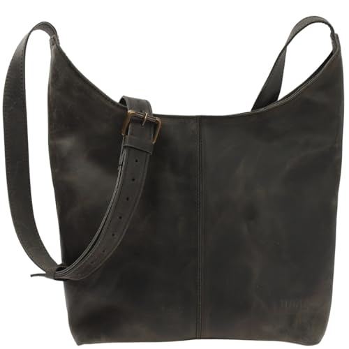 LECONI mittlere Umhängetasche Damen Schultertasche praktische Ledertasche für Frauen Beuteltasche Damentasche Shopper aus echtem Leder 30x30x9cm grau LE0073-wax von LECONI