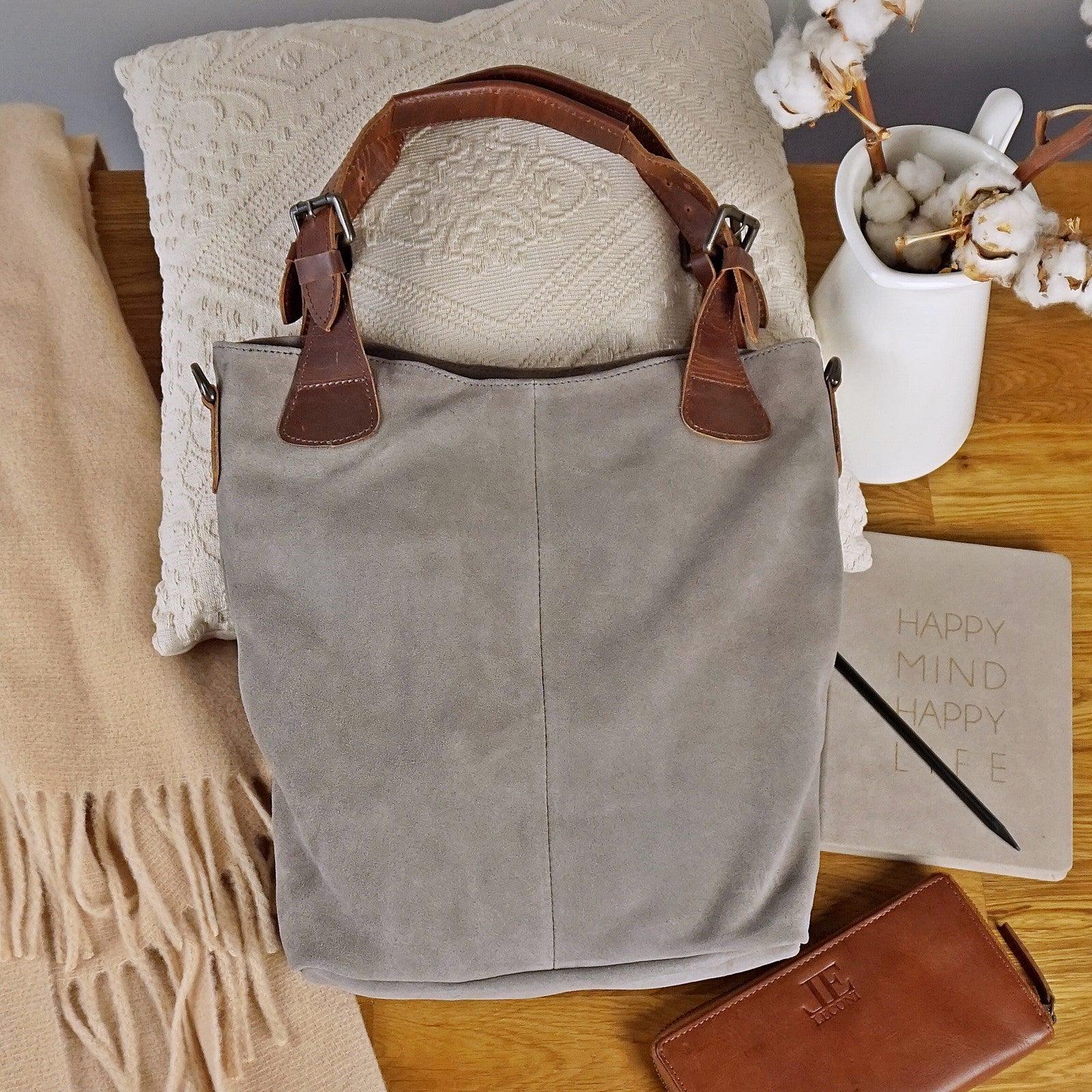 Leconi Schultertasche Henkeltasche Shopper Damentasche Veloursleder Leder Grau Le0054 von LECONI