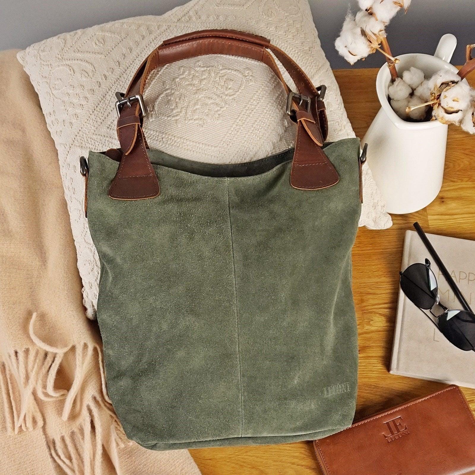 Leconi Schultertasche Henkeltasche Shopper Damentasche Veloursleder Leder Grün Le0054 von LECONI