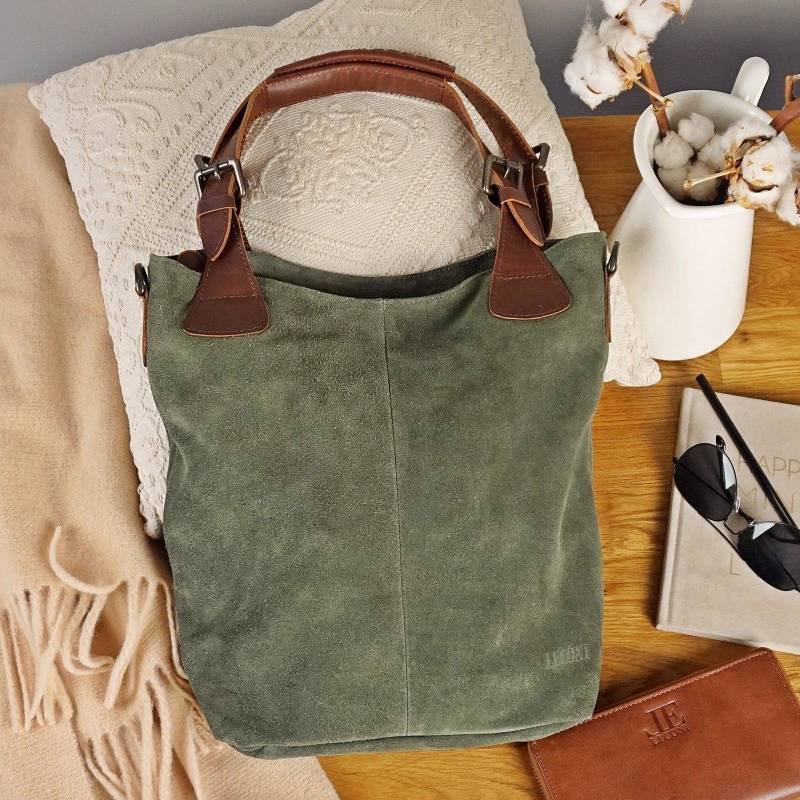 Leconi Schultertasche Henkeltasche Shopper Damentasche Veloursleder Leder Grün Le0054 von LECONI