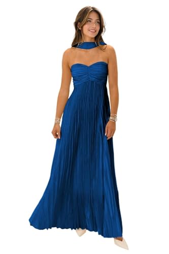LECOYOYO Chiffon Abendkleider Lang Brautjungfernkleider für Frauen mit Schal Plisserte Strapless Prom Kleider(Königsblau,34) von LECOYOYO