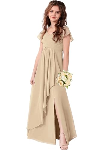 LECOYOYO Chiffon Junior Brautjungfernkleider für Mädchen Ruffle Ärmel Formelle Kleider Hochzeitsgast V-Ausschnitt Blumenmädchen Kleider A Champagne 10 von LECOYOYO