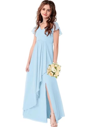 LECOYOYO Chiffon Junior Brautjungfernkleider für Mädchen Ruffle Ärmel Formelle Kleider Hochzeitsgast V-Ausschnitt Blumenmädchen Kleider A Himmelblau 10 von LECOYOYO