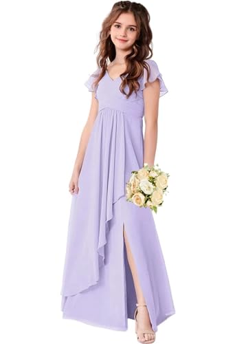LECOYOYO Chiffon Junior Brautjungfernkleider für Mädchen Ruffle Ärmel Formelle Kleider Hochzeitsgast V-Ausschnitt Blumenmädchen Kleider A Lavendel 12 von LECOYOYO