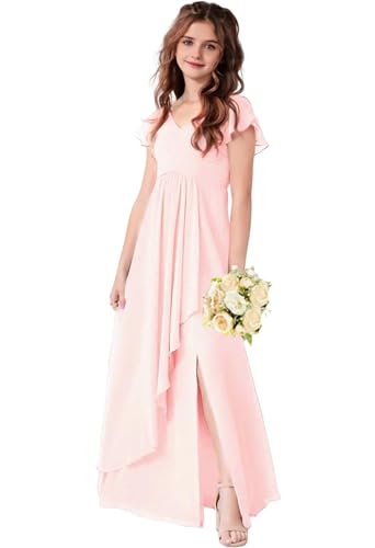 LECOYOYO Chiffon Junior Brautjungfernkleider für Mädchen Ruffle Ärmel Formelle Kleider Hochzeitsgast V-Ausschnitt Blumenmädchen Kleider A Rosa 10 von LECOYOYO