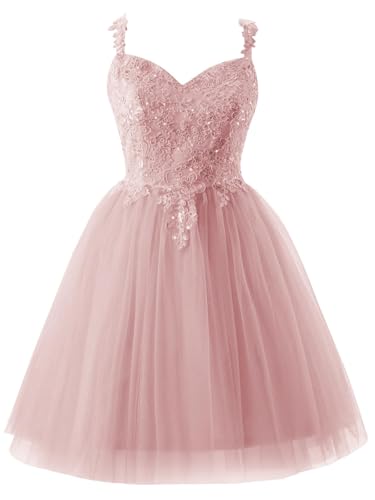 LECOYOYO Tüll Abendkleider Kurze Spaghettiträger Sparkly Lace Applikation Ballkleider für Damen Cocktailkleid(Blush,38) von LECOYOYO