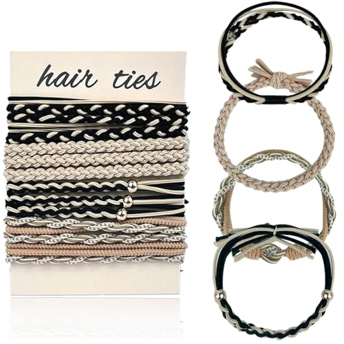 12 Stück Boho-Haargummis, Boho-Haargummis für Frauen und Mädchen, elastische Pferdeschwanzhalter mit Perlen-Haargummis (schwarz/beige) von LECTNORE