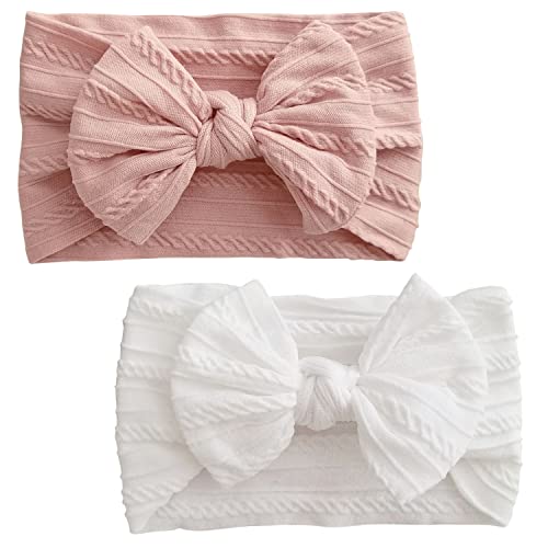 2 Stück Baby Turban Stirnband Baby Mädchen Nylon Stirnbänder Baby Schleife Stirnband Weiche Schleife Kopfbedeckung Elastische Haarbänder für Neugeborene, Kleinkinder (Rosa und Weiß) von LECTNORE