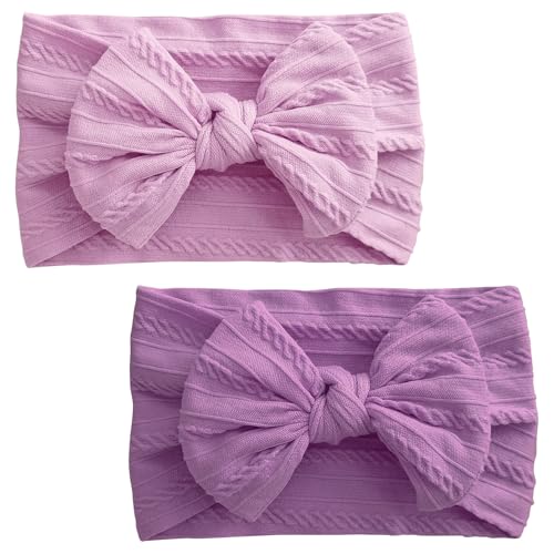 2 Stück Stirnbänder für Neugeborene, Baby-Turban-Stirnband, Baby-Mädchen-Schleifen, weiche Schleife, Kopfbedeckung, elastische Haarbänder für Kleinkinder, Neugeborene (Tiefviolett + Helllila) von LECTNORE