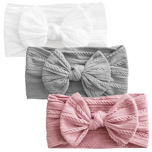 3 Stück Baby-Turban-Stirnband, Baby-Haarbänder, Schleifen für Mädchen, weiche Schleife, Kopfbedeckung, elastische Haarbänder für Kleinkinder, Neugeborene (Grau/Weiß/Rosa) von LECTNORE