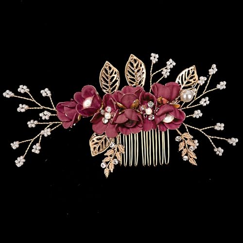 Brautjungfern-Haarschmuck, Hochzeitskämme und Blumenhaarnadeln für Damen und Mädchen, Brauthaarschmuck für Hochzeit oder Ball – Burgunderrot von LECTNORE