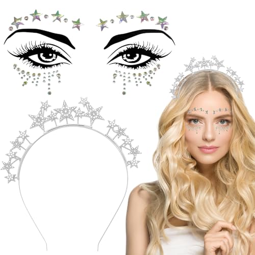 Silbernes Sternstirnband & Strassglitzer für Frauen & Mädchen – funkelndes Haarband für Karneval, Halloween, Geburtstage, Partys – selbstklebendes Schmuckstein-Accessoire von LECTNORE