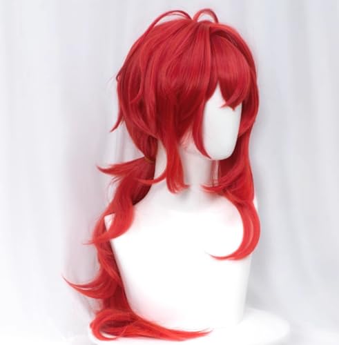 Genshin Impact Cosplay Diluc Ragnvindr Spiel Anime Perücke mit Rot Micro Roll Design Halloween Party Perücke von LEDABAO