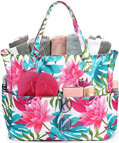 Große Strandtasche Damen Umhängetasche Handtasche wasserdicht sanddicht mit Reißverschluss Strandtasche für Pool Fitnessstudio Reisen mit Nasstasche (Lotus) von LEDAOU