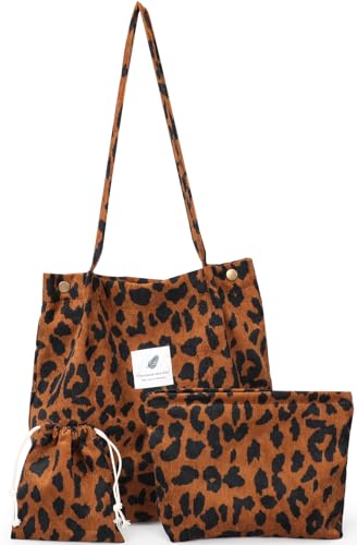 LEDAOU Cord Tasche Damen 3 Stück Cordstoff Bag Set Handtasche Damen Reise Kulturtasche Tote Bag Shopper Tasche Damen Umhängetasche Drawstring (Leopard Hellbraun) von LEDAOU