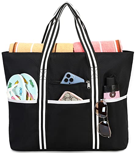 LEDAOU Große Strandtasche Damen Umhängetasche Handtasche Wasserdichter Sanddichter Reißverschluss Pool Picknick Fitnessstudio Reisetasche (B-Schwarz) von LEDAOU