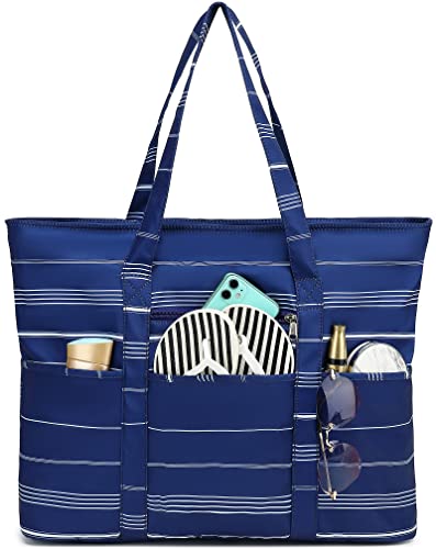 LEDAOU Große Strandtasche Damen Umhängetasche Handtasche Wasserdichter Sanddichter Reißverschluss Pool Picknick Fitnessstudio Reisetasche (Weiße Streifen blau) von LEDAOU