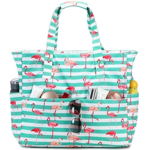 LEDAOU Große Strandtasche Damen Umhängetasche Handtasche wasserdicht sanddicht mit Reißverschluss Strandtasche für Pool Fitnessstudio Reisen mit Nasstasche (Blaue und weiße Streifen) von LEDAOU