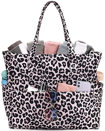 LEDAOU Große Strandtasche Damen Umhängetasche Handtasche wasserdicht sanddicht mit Reißverschluss Strandtasche für Pool Fitnessstudio Reisen mit Nasstasche (Leopard) von LEDAOU