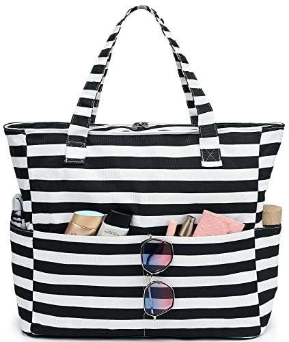 LEDAOU Große Strandtasche Damen Umhängetasche Handtasche wasserdicht sanddicht mit Reißverschluss Strandtasche für Pool Fitnessstudio Reisen mit Nasstasche (Schwarz-weißer Streifen) von LEDAOU