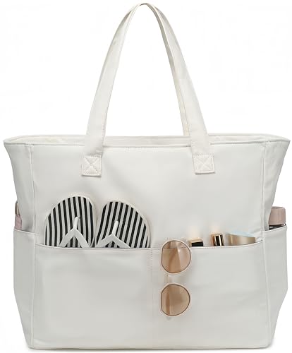 LEDAOU Große Strandtasche mit reißverschluss Damen Wasserdicht Umhängetasche Tragetasche shopper sanddicht mit Reißverschluss Pool Fitness Reisetasche familie(Beigefarbenes Canvas) von LEDAOU