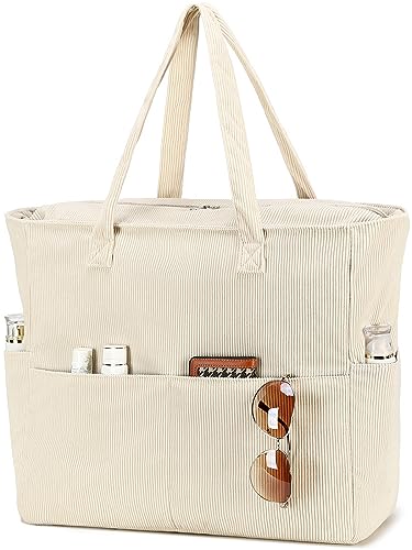 LEDAOU Große Strandtasche mit reißverschluss Damen Wasserdicht Umhängetasche Tragetasche shopper sanddicht mit Reißverschluss Pool Fitness Reisetasche familie(Cord Beige) von LEDAOU