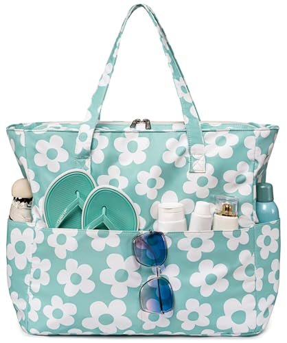 LEDAOU Große Strandtasche mit reißverschluss Damen Wasserdicht Umhängetasche Tragetasche shopper sanddicht mit Reißverschluss Pool Fitness Reisetasche familie (Blaue Blume 157 See) von LEDAOU