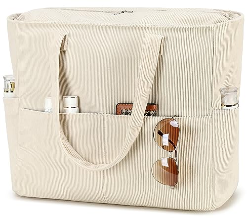 LEDAOU Große Strandtasche mit reißverschluss Damen Wasserdicht Umhängetasche Tragetasche shopper sanddicht mit Reißverschluss Pool Fitness Reisetasche familie (Corduroy beige) von LEDAOU