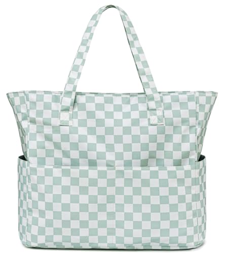 LEDAOU Große Strandtasche mit reißverschluss Damen Wasserdicht Umhängetasche Tragetasche shopper sanddicht mit Reißverschluss Pool Fitness Reisetasche familie (Grünes Rastermuster) von LEDAOU