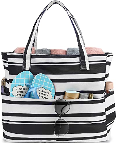 LEDAOU Große Strandtasche mit reißverschluss Damen Wasserdicht Umhängetasche Tragetasche shopper sanddicht mit Reißverschluss Pool Fitness Reisetasche familie (Schwarzer Weißer Streifen) von LEDAOU