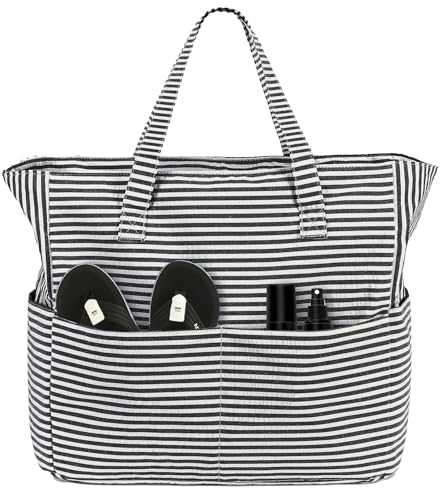 LEDAOU Große Strandtasche mit reißverschluss Damen Wasserdicht Umhängetasche Tragetasche shopper sanddicht mit Reißverschluss Pool Fitness Reisetasche familie (schwarzer Streifen) von LEDAOU