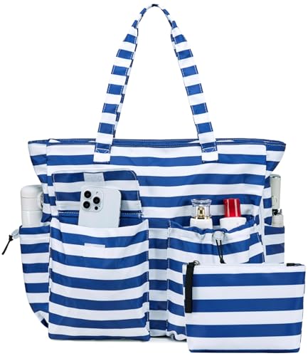 LEDAOU Große Strandtasche mit reißverschluss Damen Wasserdicht Umhängetasche Tragetasche shopper sanddicht mit Reißverschluss Pool Fitness Reisetasche familie (Zweiteilset Blau und weiß gestreiftes) von LEDAOU