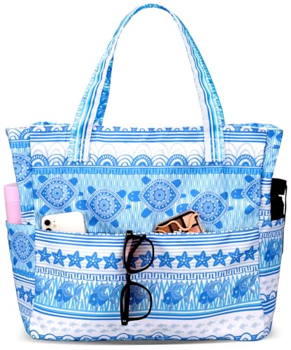 LEDAOU Große Strandtasche mit reißverschluss Damen Wasserdicht Umhängetasche Tragetasche shopper sanddicht mit Reißverschluss Pool Fitness Reisetasche familie (Meeresschildkröte) von LEDAOU
