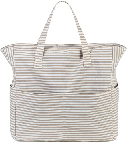 LEDAOU Große Strandtasche mit reißverschluss Damen Wasserdicht Umhängetasche Tragetasche shopper sanddicht mit Reißverschluss Pool Fitness Reisetasche familie (Khaki Streifen) von LEDAOU