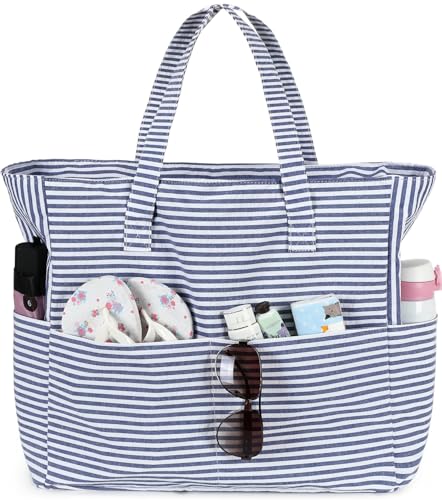 LEDAOU Große Strandtasche mit reißverschluss Damen Wasserdicht Umhängetasche Tragetasche shopper sanddicht mit Reißverschluss Pool Fitness Reisetasche familie (Blaue Streifen) von LEDAOU