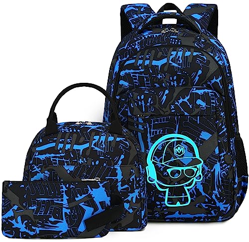 LEDAOU Schulrucksack Junge Teenager Kinder Juvenile Mädchen Daypack Mädchen Freizeitrucksack Backpack(Sketch Blau) von LEDAOU