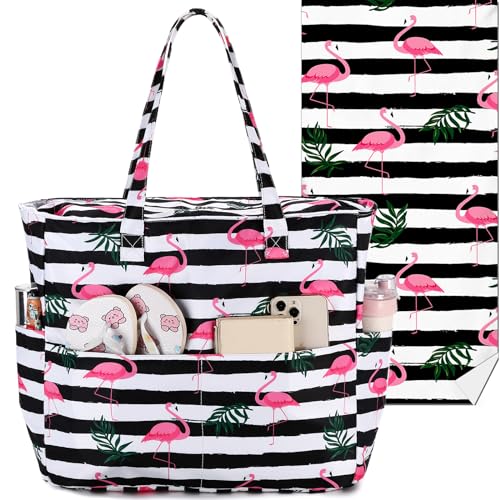 LEDAOU Strandtasche, wasserdicht, sanddicht, für Damen, Pooltasche mit Reißverschluss, für Fitnessstudio, Lebensmittel, Reisen, mit Nassfach, Strandtuch - Pink Flamingo Schwarz, Large von LEDAOU