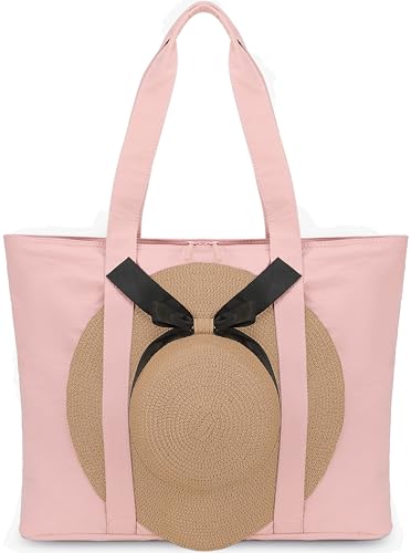 LEDAOU Strandtaschen für Damen mit Sonnenhüten, Strandtasche, wasserdicht, sanddicht, verstaubar, Strandtasche mit Reißverschluss, Reisen, Sport, 2 Rosa mit Hut, Large von LEDAOU