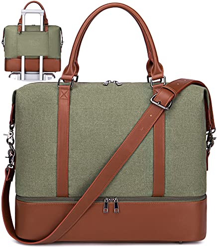 LEDAOU Weekender Damen Reisetasche Tasche mit Schuhfach Canvas Handgepäck Tasche Sporttasche Travel Bag (Armeegrün) von LEDAOU