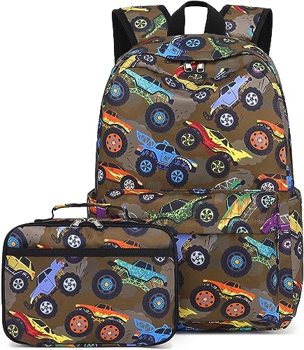 LEDAOU kinder schulrucksack Schulranzen jungs Mädchen teenager Rucksack schule mit Lunchtasche vorschule Grundschule(Geländewagen Braun) von LEDAOU