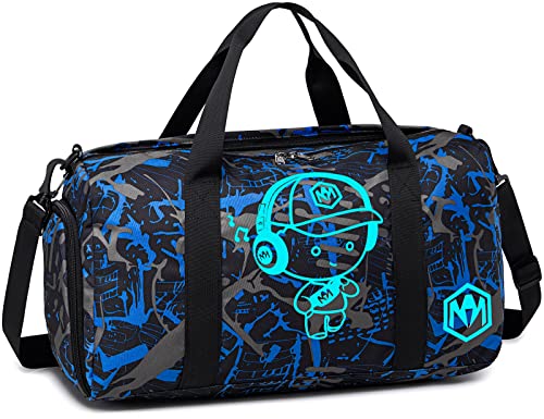 Sporttasche Kinder Schwimmtasche Jungen Damen mit Schuhfach und Nassfach Badetasche Teenager Kleine Reisetasche Fitnesstasche (Prinz Graffiti Blau) von LEDAOU