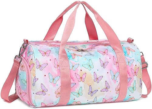 Turnbeutel Sport Duffle Bag mit Nasstasche Weekender Übernachtungstasche mit wasserdichtem Schuhbeutel und Luftloch für Männer Frauen Reise Faltbare Tasche, Schmetterling pink, Turnbeutel von LEDAOU