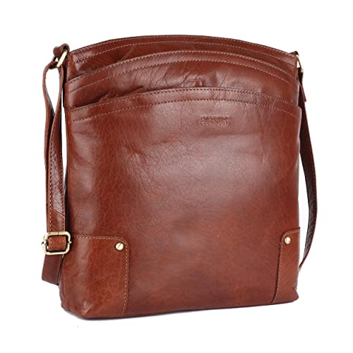 Lederbuck Terry Große weiche Echtleder Damen Crossbody Handtasche Dreifach-Reißverschluss Premium Sling Crossover Umhängetasche, Cognac von LEDERBUCK
