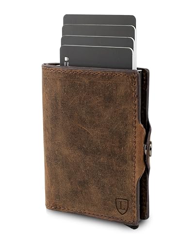 Lederhand® Swipe Vintage – Premium Wildleder Geldbörse handgemacht für Herren und Damen Portemonnaie Aluminium Kartenhalter mit Münzfach und Platz für 10 Karten mit RFID NFC Schutz | Braun von Lederhand