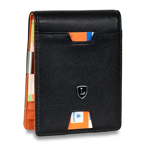 Lederhand® iSlim - Nappa Leder Geldbeutel mit Geldklammer und Münzfach, 9 Kartenfach Premium Geldbörse - Slim Wallet mit RFID NFC Schutz - Farbe | (Schwarz/Orange) von Lederhand