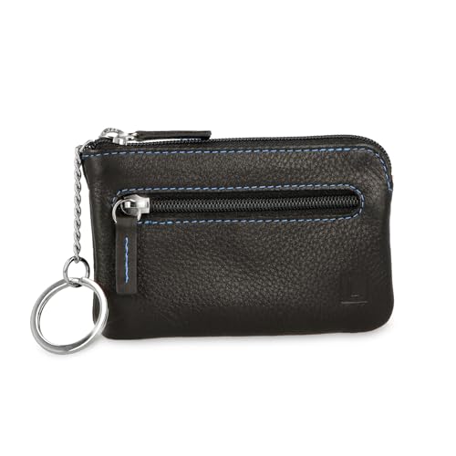 LEDEROW Schlüsseletui Leder Schwarz Blaue Naht mit Reißverschluss für Damen und Herren - Schlüsselmäppchen Schlüsseltasche Echtleder Autoschlüssel, Wohnungsschlüssel 2 Separate Fächer (Blau-Schwarz) von LEDEROW