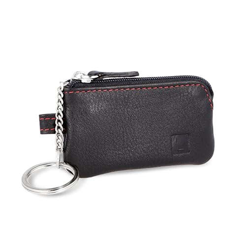 LEDEROW Schlüsseletui Leder Schwarz mit Reißverschluss Damen und Herren - Mini Schlüsselmäppchen klein Schlüsseltasche für Motorradschlüssel, Wohnungsschlüssel Schlüssel (Schwarz-Rot) von LEDEROW