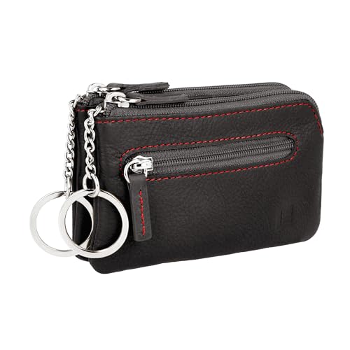 LEDEROW - XXL Schlüsseletui Leder Schwarz-Rot Damen und Herren [3 separate Fächer] Reißverschluss - Schlüsseltasche Schlüsselmäppchen echtleder für Schlüssel Autoschlüssel (Schwarz-Rot) von LEDEROW
